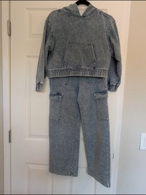 Vanilla Star Girls Washed Denim-Look Hoodie & Cargo Pants Set in Faded Blue